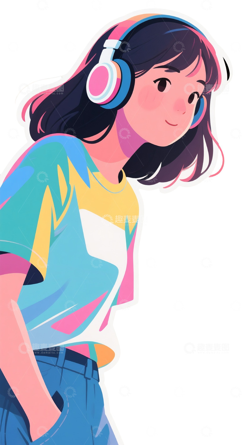 高清大图下载【趣麦麦图】戴耳机侧身女性插画
