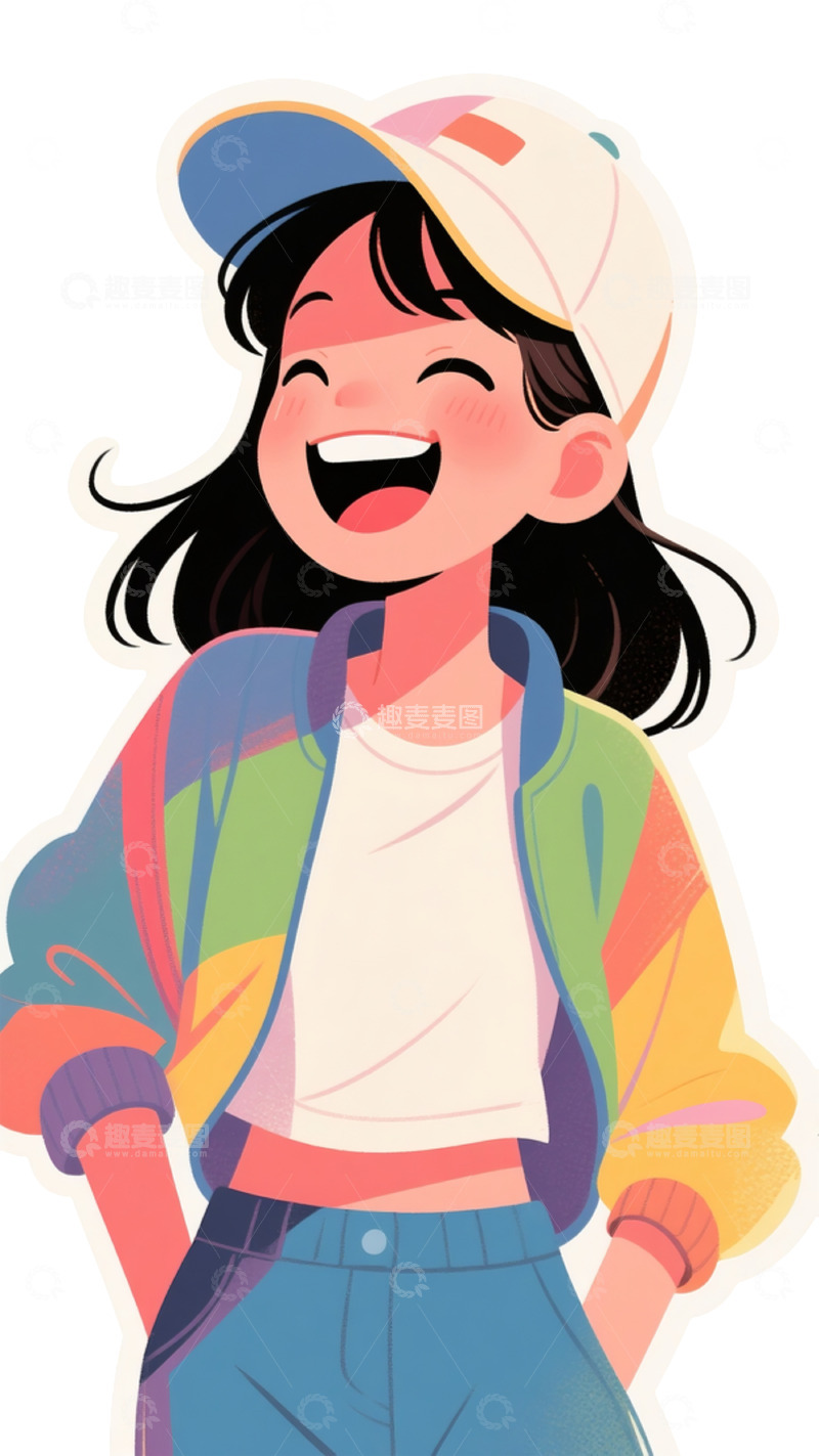 高清大图下载【趣麦麦图】戴彩帽大笑女性彩虹衣插画