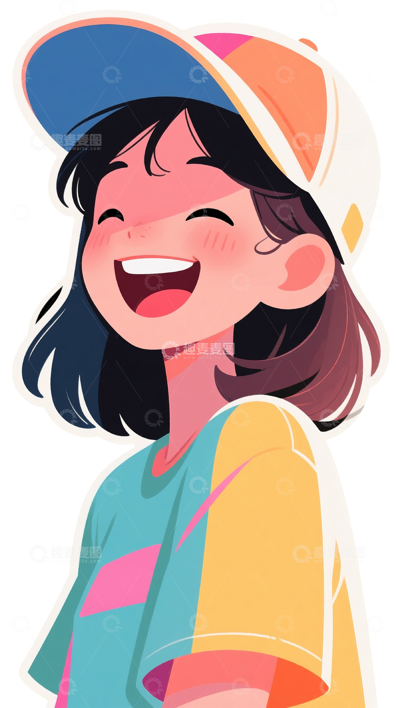 高清大图下载【趣麦麦图】戴彩帽大笑女性彩衣插画