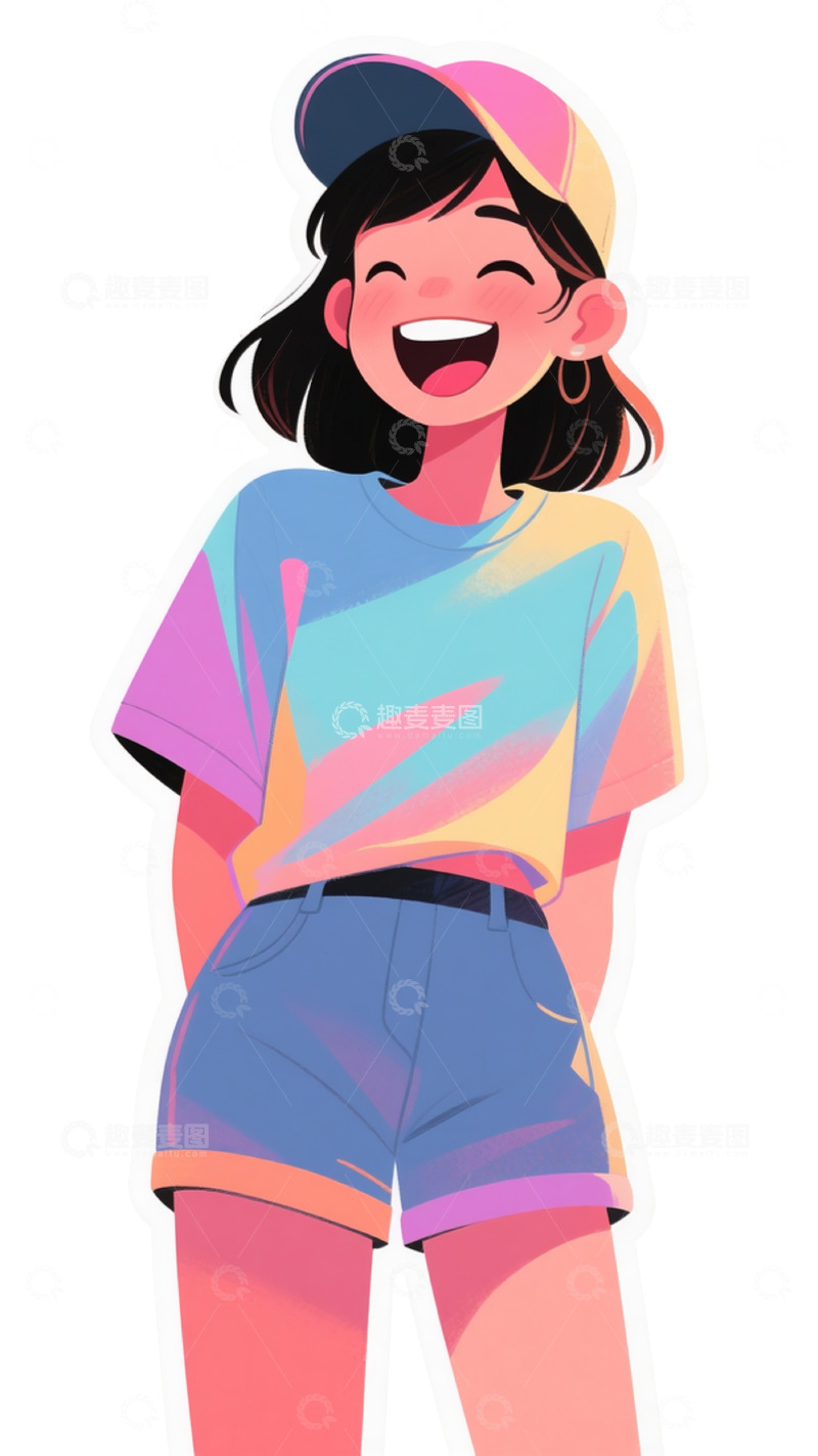 高清大图下载【趣麦麦图】戴彩帽大笑女性彩 T 恤插画