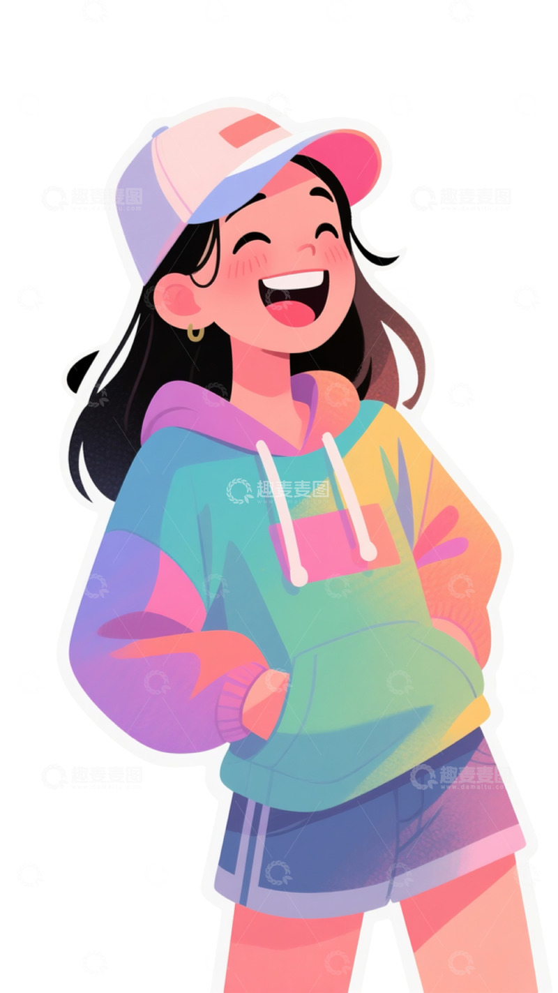 高清大图下载【趣麦麦图】戴彩帽大笑女性连帽衫插画