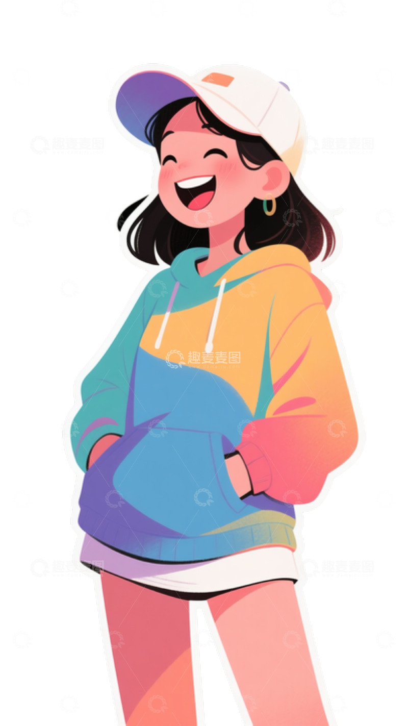 高清大图下载【趣麦麦图】戴彩帽大笑女性连帽衫插画