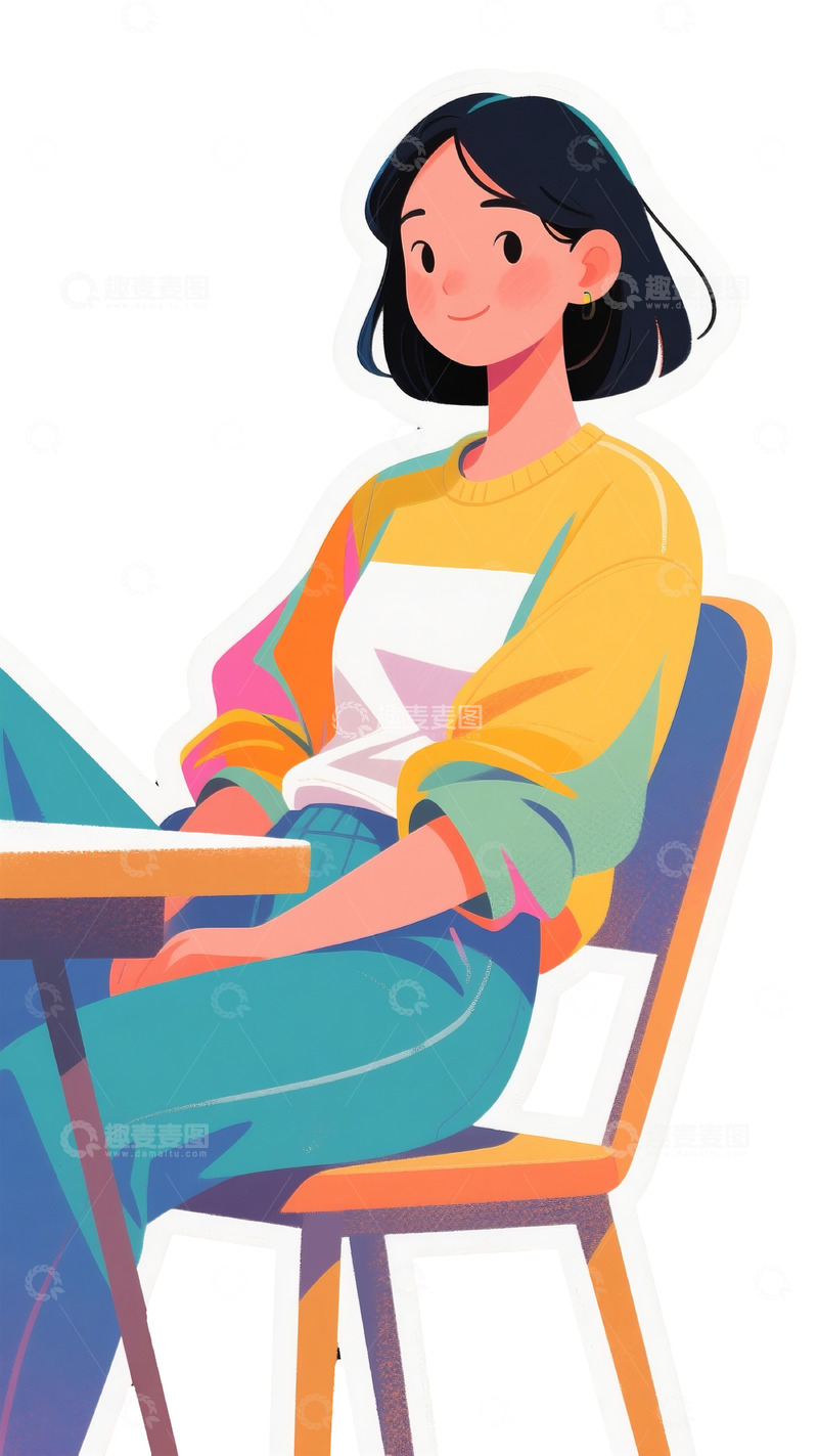 高清大图下载【趣麦麦图】桌前坐姿女性扁平插画
