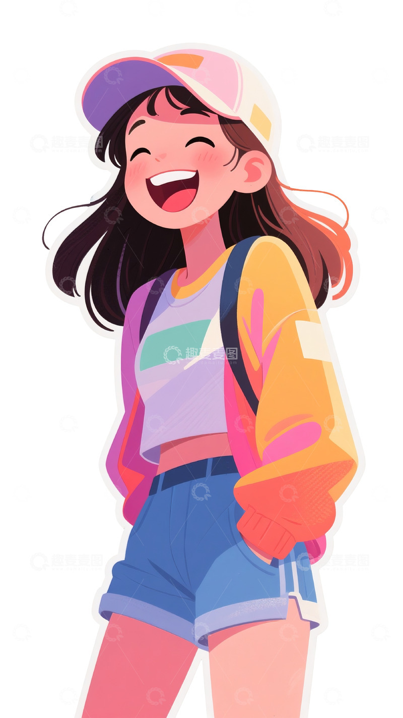 高清大图下载【趣麦麦图】戴彩帽大笑女性背包插画