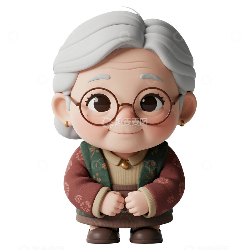 高清大图下载【趣麦麦图】绿马甲棕衣眼镜老奶奶 3D 图