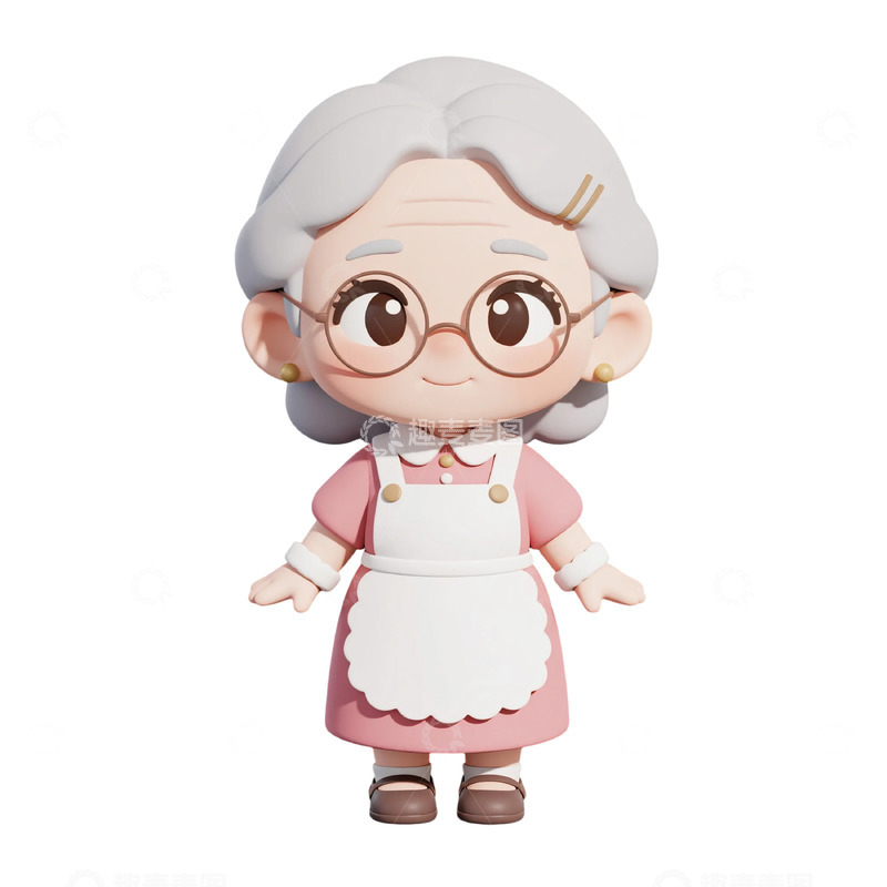 高清大图下载【趣麦麦图】粉裙白围裙眼镜老奶奶 3D 图