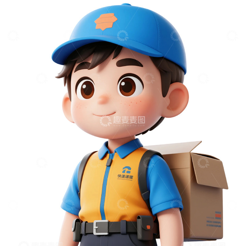 高清大图下载【趣麦麦图】蓝帽快递员背开箱纸箱图