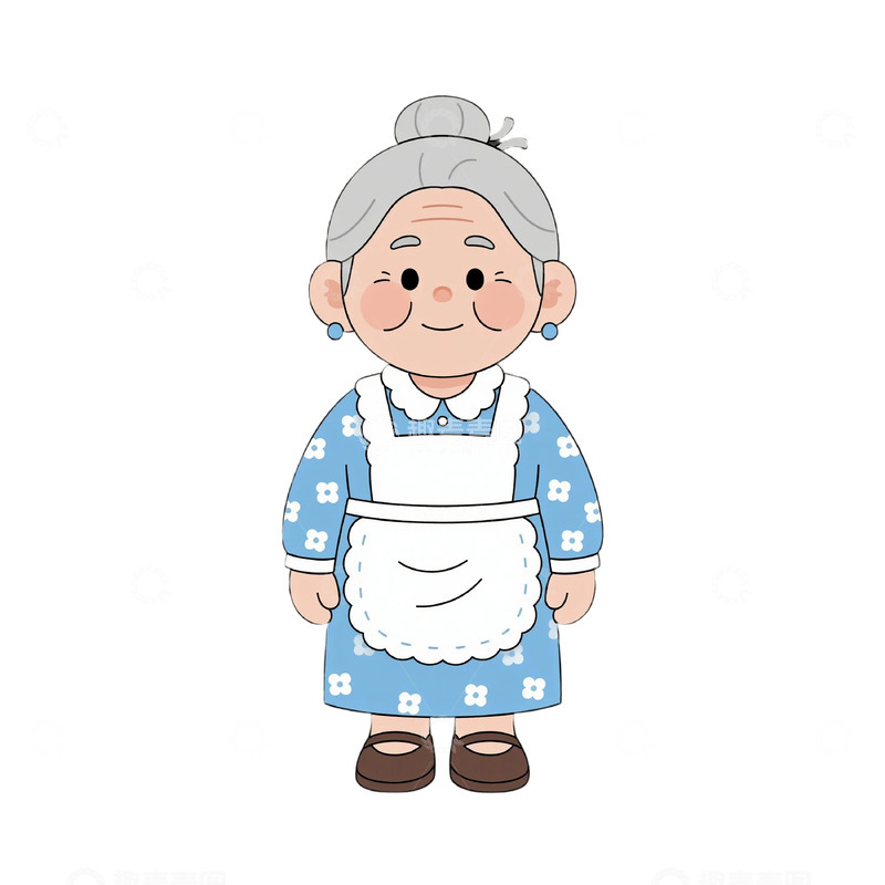 高清大图下载【趣麦麦图】蓝裙白围裙慈祥老奶奶插画
