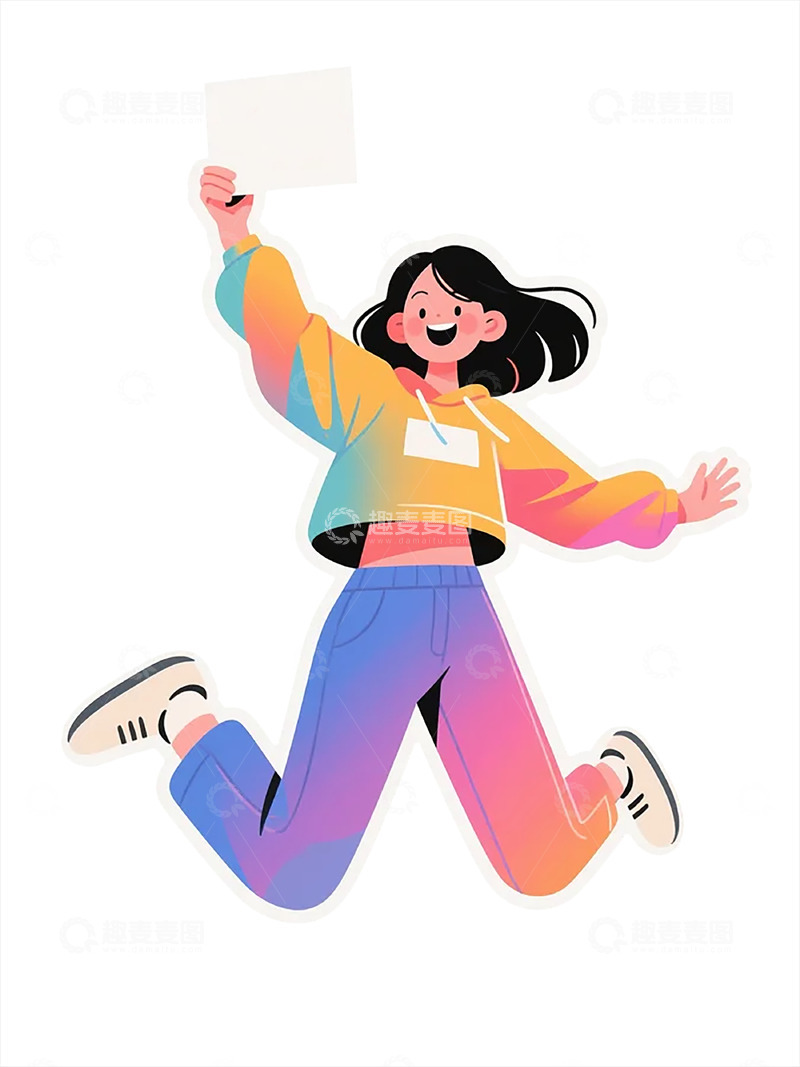 高清大图下载【趣麦麦图】彩色跳跃女孩手持白纸插画