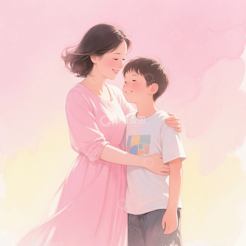 高清大图下载【趣麦麦图】母子相拥粉色水彩插画