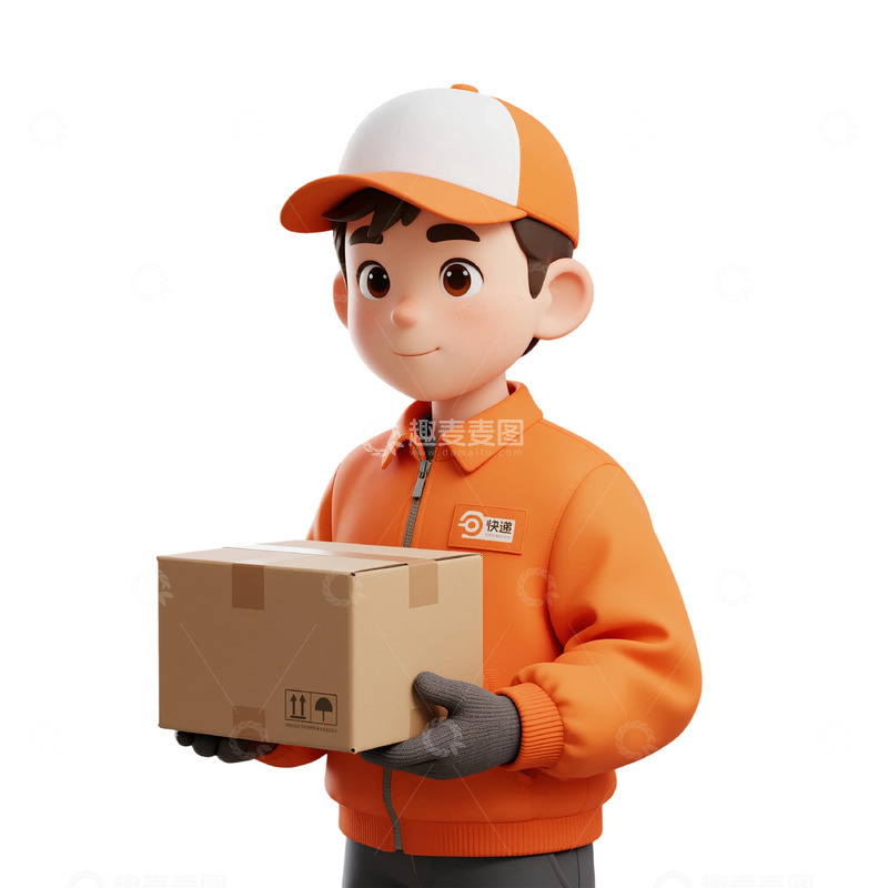 高清大图下载【趣麦麦图】橙白帽快递员持箱卡通图