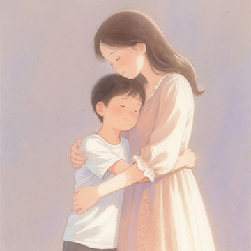 母子相拥温馨水彩插画