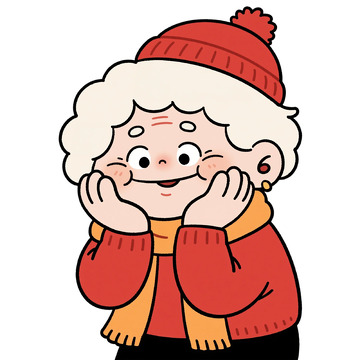红帽围巾托腮老奶奶插画