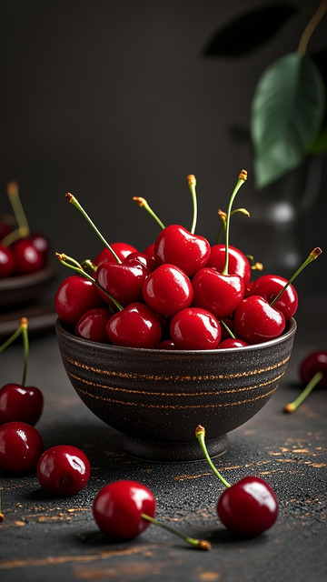 黑纹碗红樱桃特写摄影图