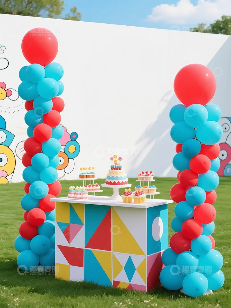 高清大图下载【趣麦麦图】户外红蓝气球派对甜品台