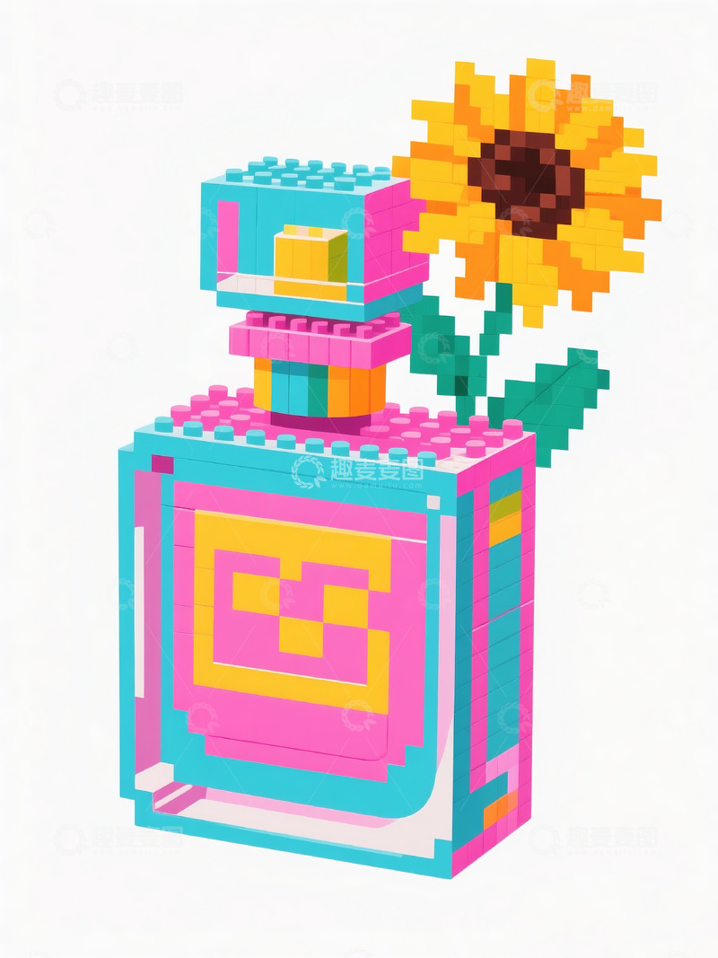 高清大图下载【趣麦麦图】像素积木香水瓶与向日葵