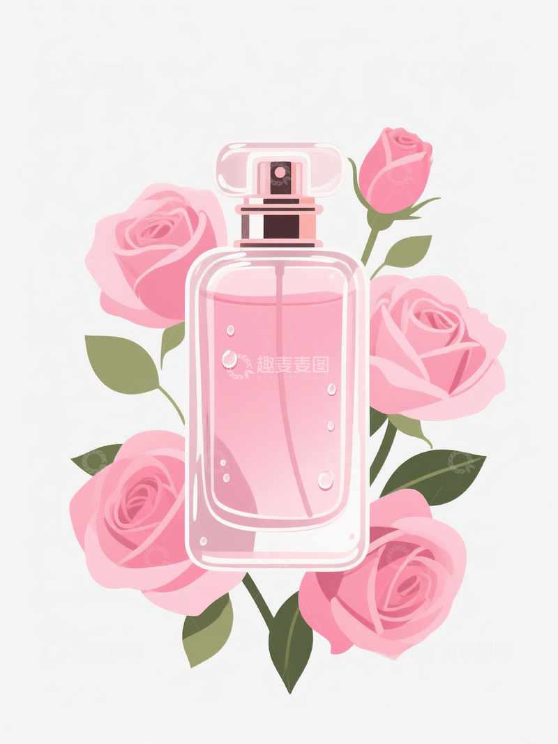 高清大图下载【趣麦麦图】扁平粉色玫瑰香水瓶插画