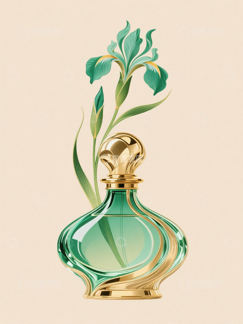 精致绿色鸢尾花香水瓶插画
