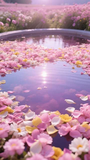 多彩花瓣漂浮水面美景图