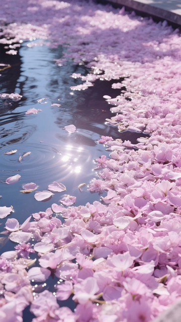 粉紫花瓣漂浮水面光影图