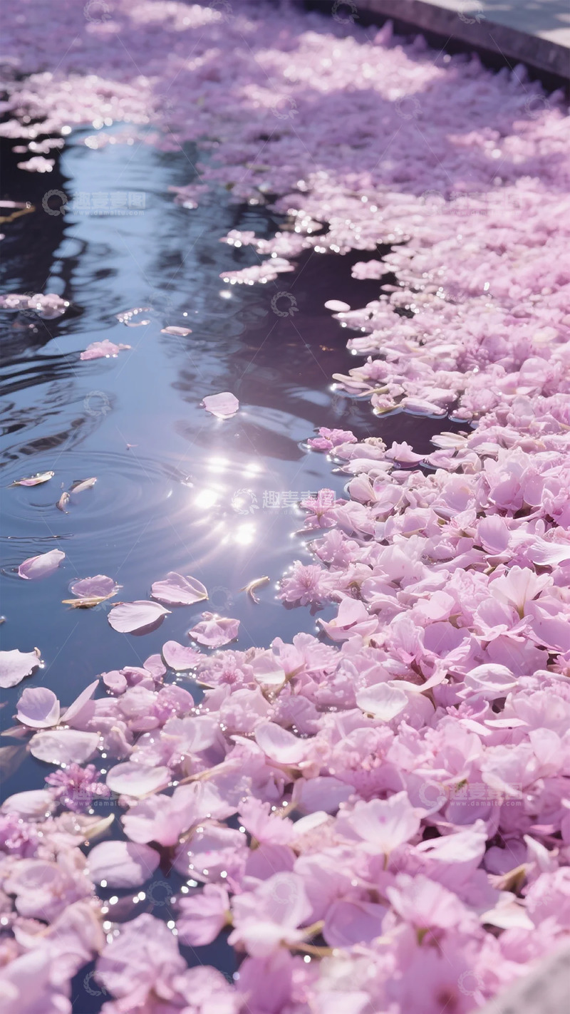 高清大图下载【趣麦麦图】粉紫花瓣漂浮水面光影图