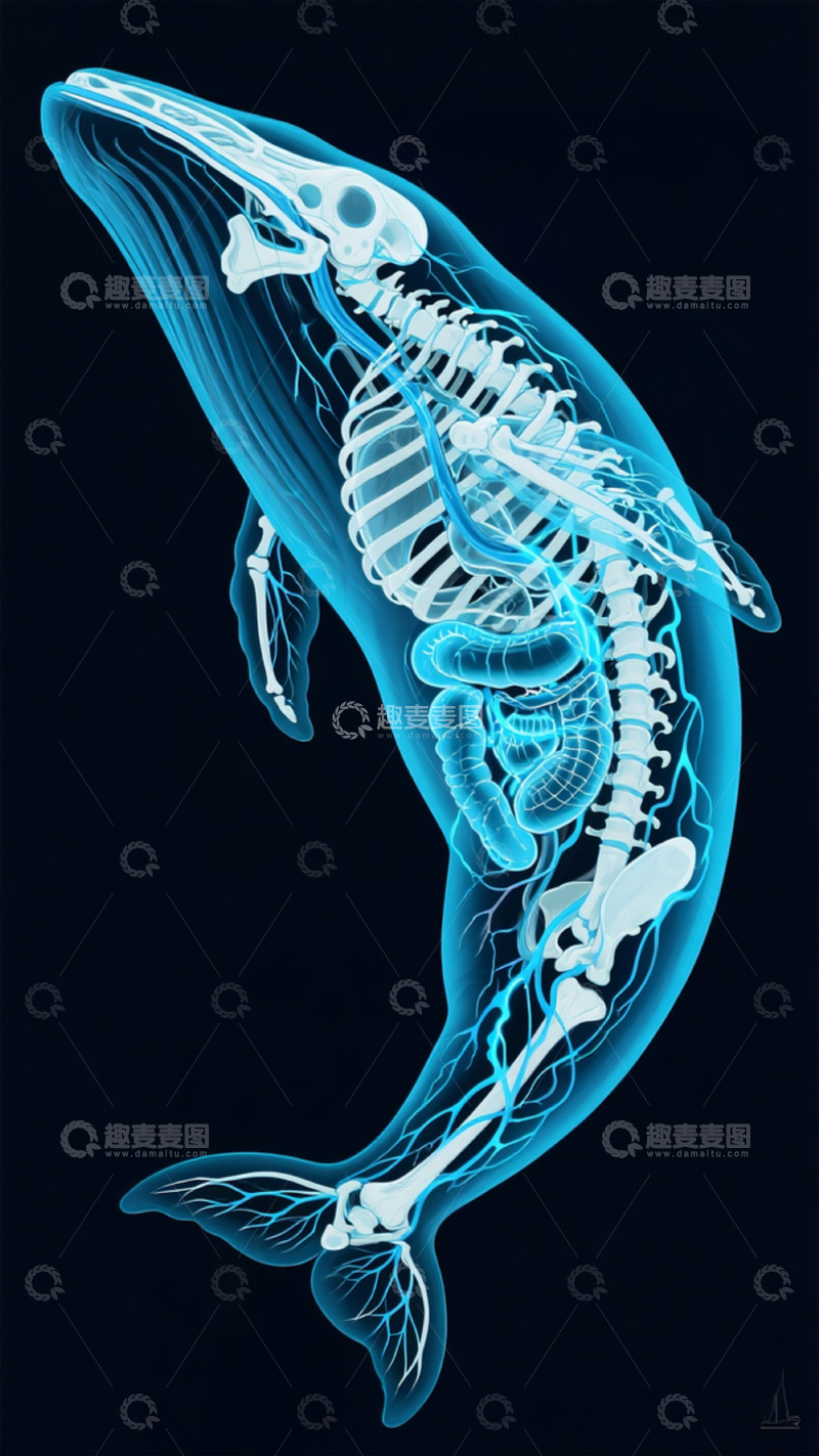 高清大图下载【趣麦麦图】-鲸鱼骨骼透视科学插画