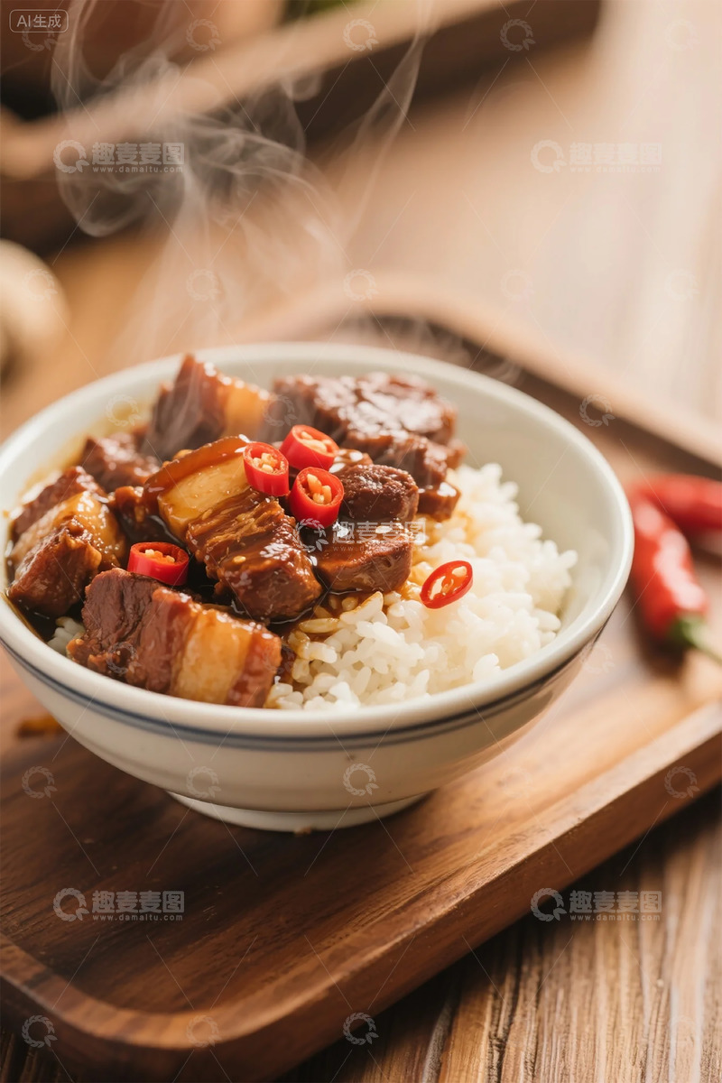 高清大图下载【趣麦麦图】辣味红烧肉盖饭特写图