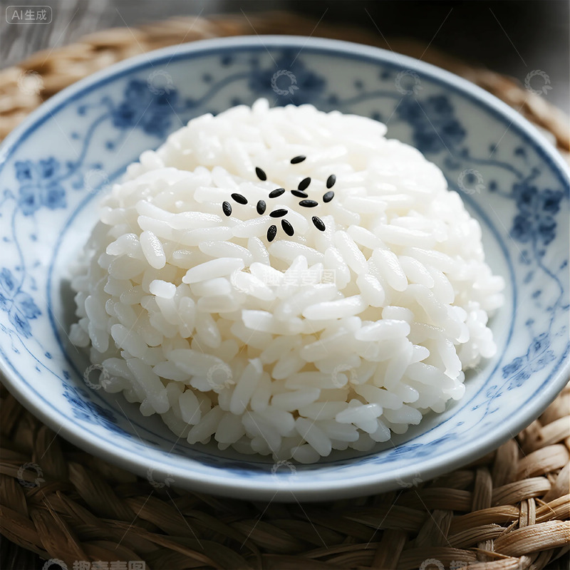 高清大图下载【趣麦麦图】青花瓷盘装白米饭特写图