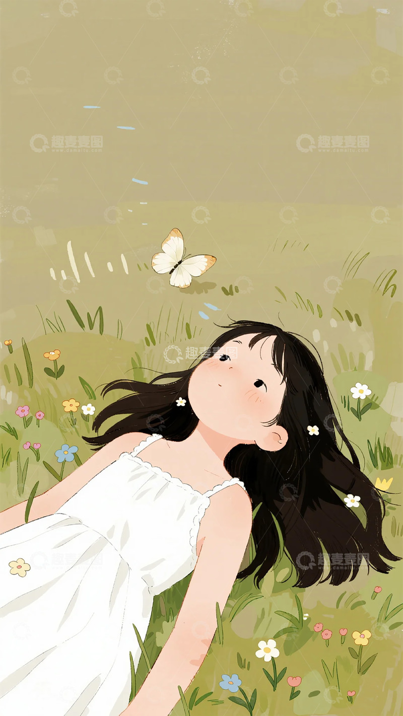 高清大图下载【趣麦麦图】女孩草地观蝶清新插画