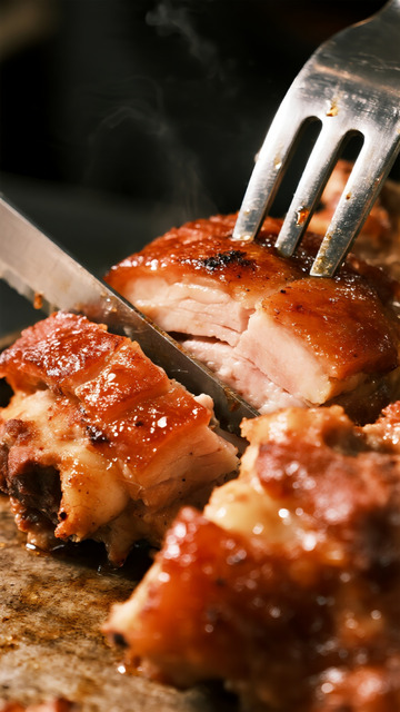 烤猪肉切割美食特写