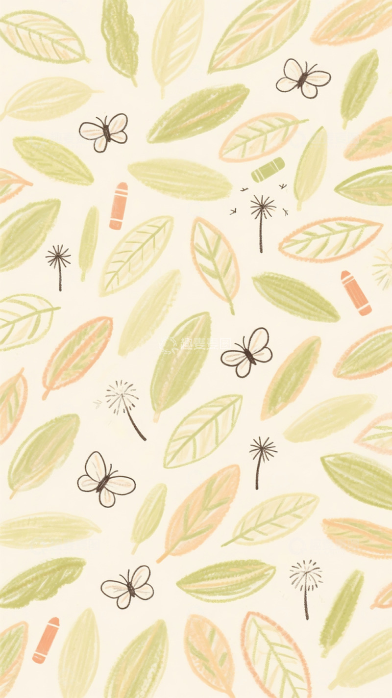 高清大图下载【趣麦麦图】手绘树叶蝴蝶图案背景