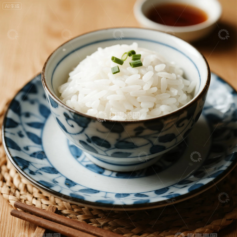 高清大图下载【趣麦麦图】青花瓷杯装白米饭配葱花图