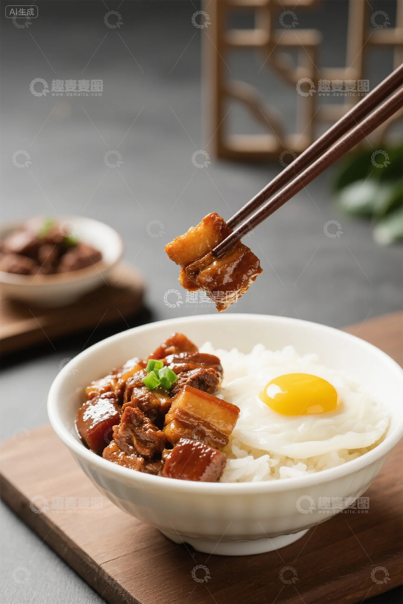 高清大图下载【趣麦麦图】红烧肉煎蛋盖饭美食图