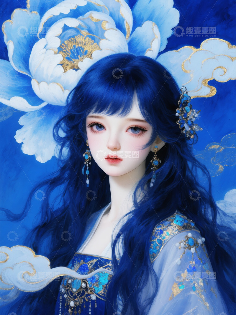 高清大图下载【趣麦麦图】国风蓝色梦幻女孩油画