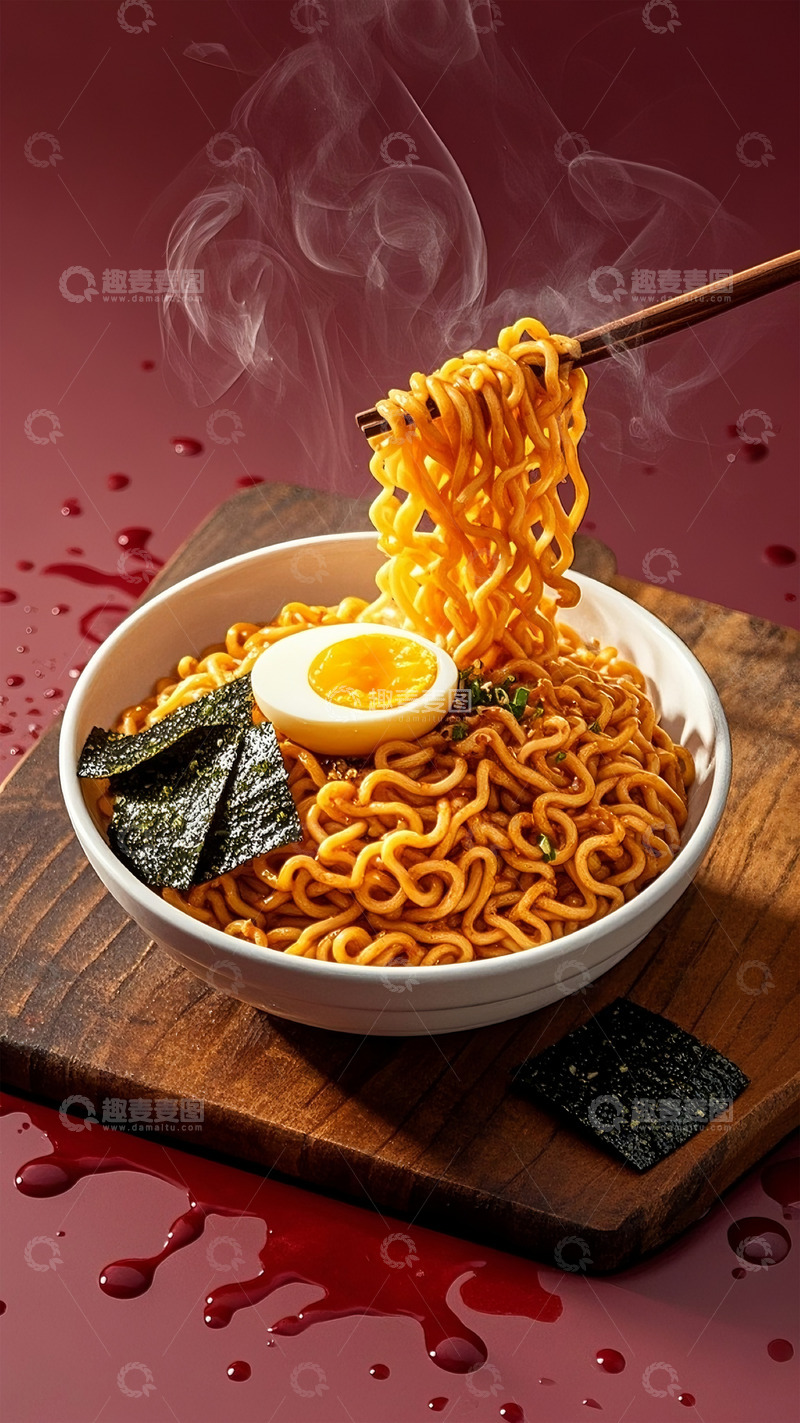 高清大图下载【趣麦麦图】红色背景溏心蛋拉面图