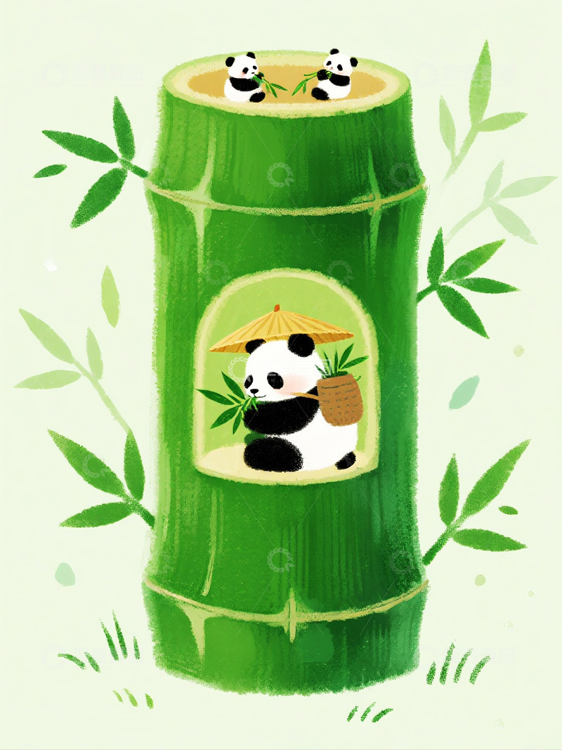 高清大图下载【趣麦麦图】熊猫竹筒插画设计