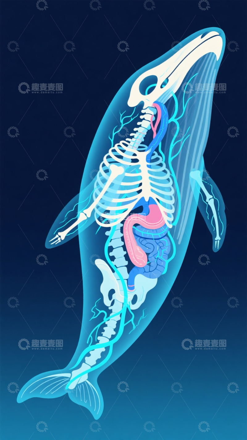 高清大图下载【趣麦麦图】-鲸鱼内脏骨骼插画图