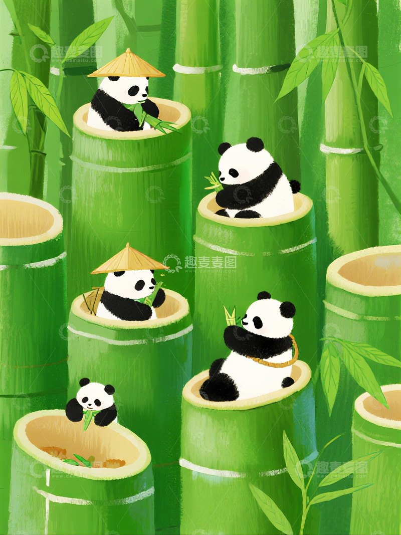 高清大图下载【趣麦麦图】卡通熊猫竹林嬉戏插画