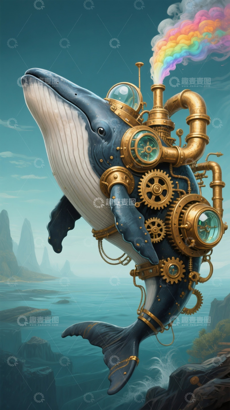 高清大图下载【趣麦麦图】蒸汽朋克风机械鲸鱼插画