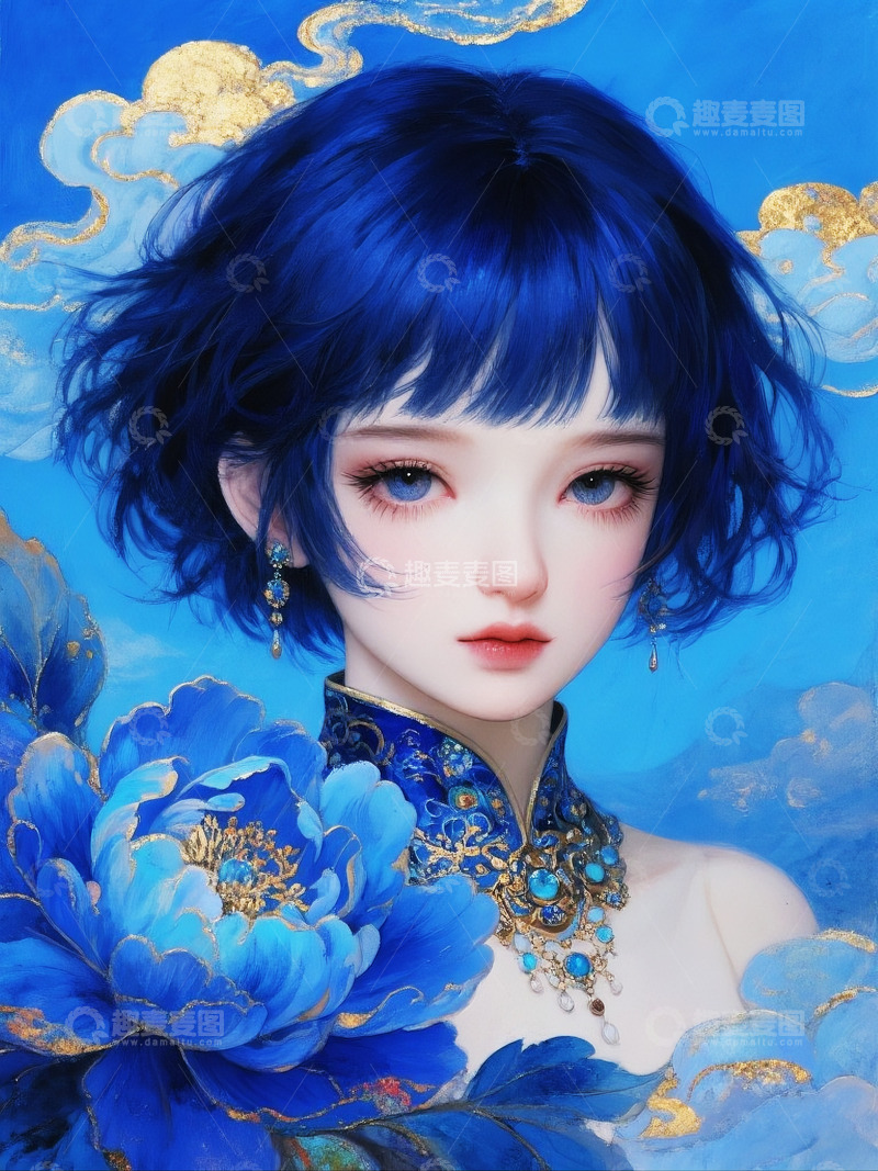 高清大图下载【趣麦麦图】国风蓝色梦幻女孩油画