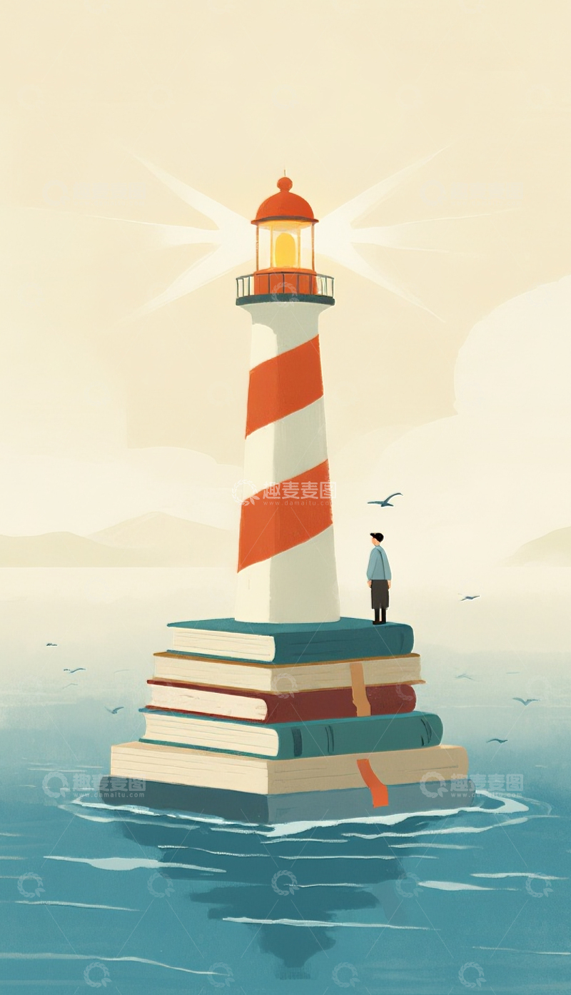 高清大图下载【趣麦麦图】-灯塔书籍寓意插画