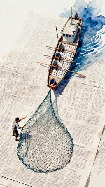 水彩风渔民渔夫船员报纸海面撒网插画素材