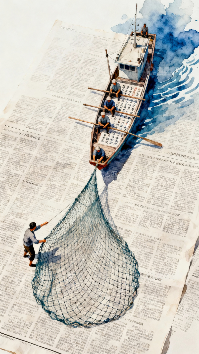 水彩风渔民渔夫船员报纸海面撒网插画素材