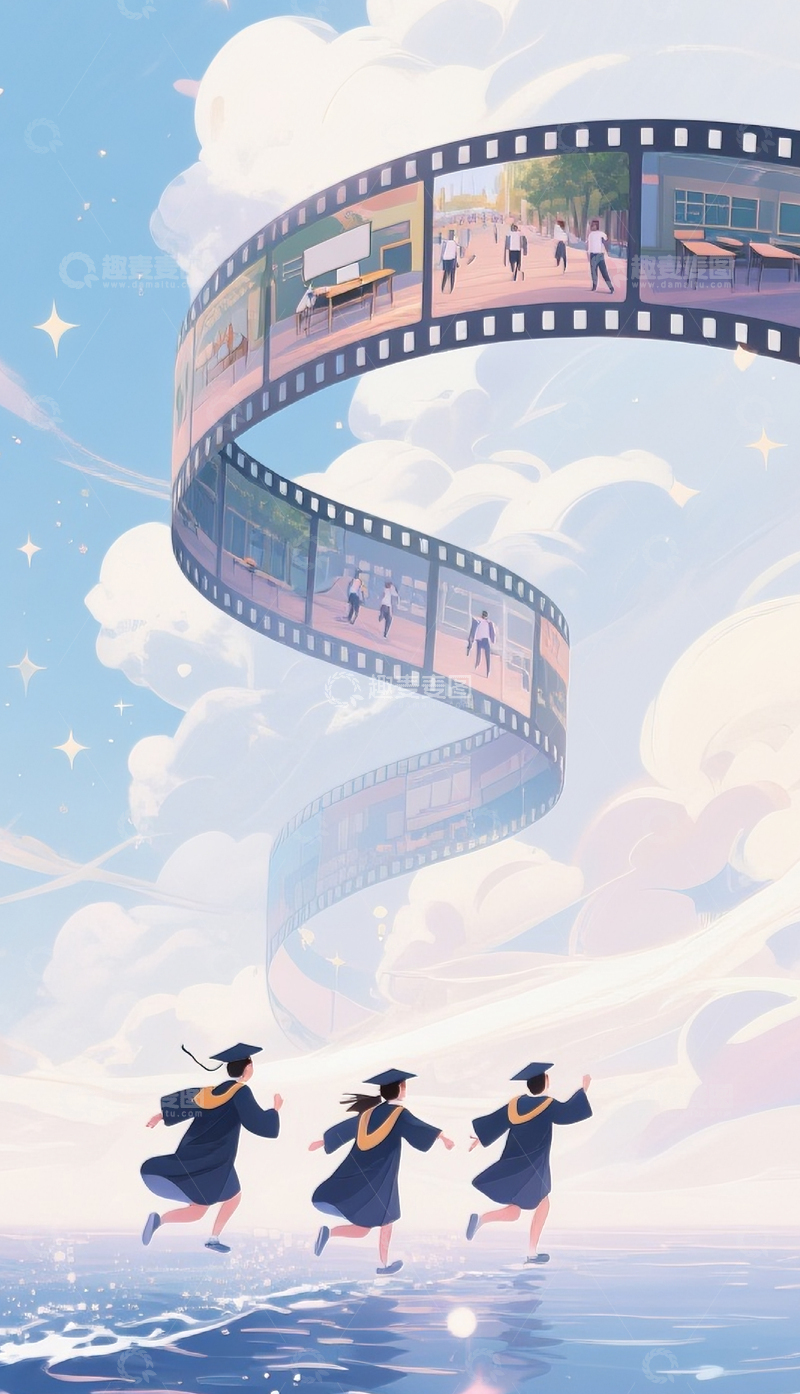 高清大图下载【趣麦麦图】胶片毕业梦想飞翔插画