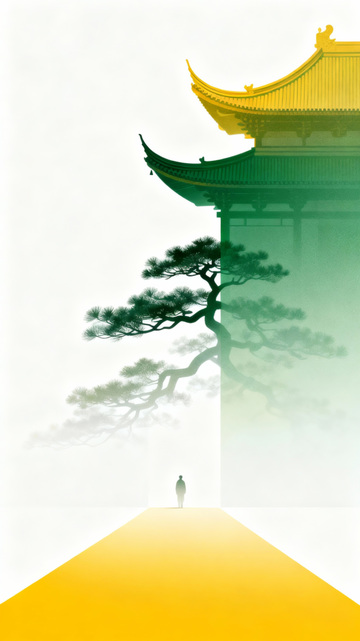 中国风水墨风古建松树人物场景插画素材