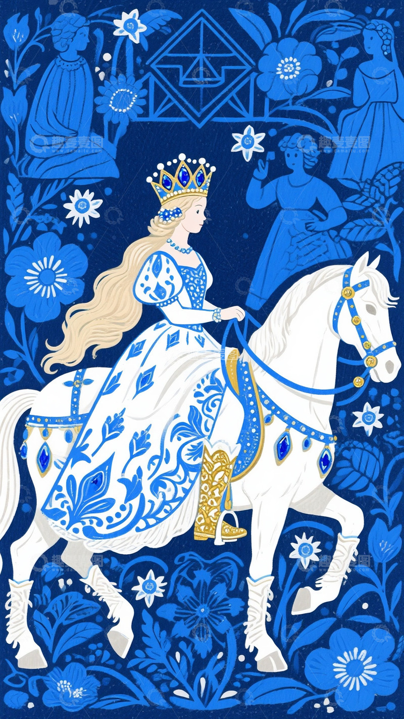高清大图下载【趣麦麦图】蓝调公主骑马装饰画