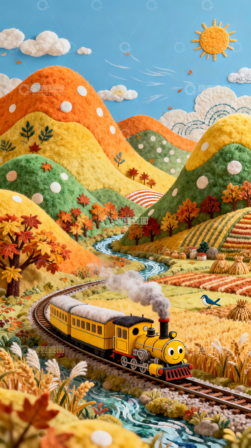高清大图下载【趣麦麦图】田园秋景火车行驶毛毡风插画素材