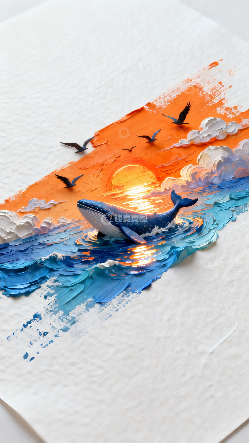 高清大图下载【趣麦麦图】3D渲染海洋鲸鱼落日插画素材