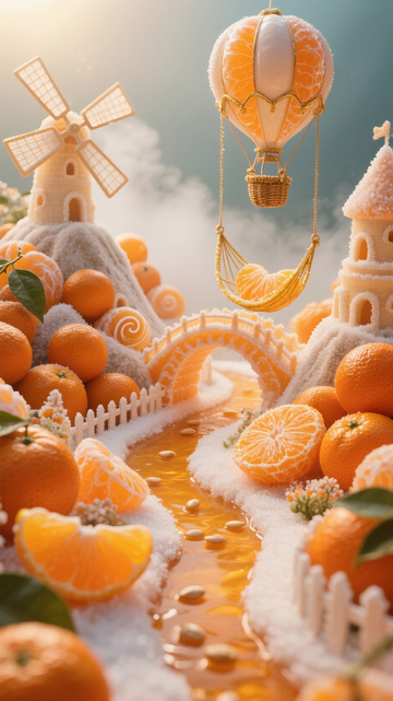 3D渲染橘子场景桥梁风车插画素材