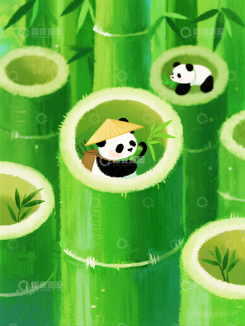 高清大图下载【趣麦麦图】竹林熊猫童趣插画